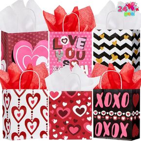 JOYIN 24 Pcs Valentine's Day Paper Gift Bags with Handle, Paper Wrapping Kraft Bags for Funny Gift Giving Novelty Gift Exchange Gift Wrapping Valentines Gift Bags Party Favors