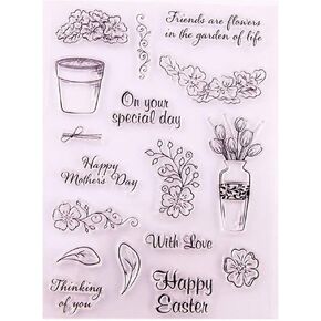 Friends Thinking of You with Love Flowers Lily Pot Happy Easter Mother's Day Clear Stamps for Card Making Decoration and DIY Scrapbooking