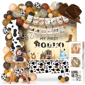 Western Cowboy 1st Birthday Decorations with Cowboy Balloons Arch, Number 1 Balloons, Banner, Cake Toppers, Backdrop, Highchair, Box, Tablecloth My First Rodeo for Boys 1 Year Old Boy Party Supplies