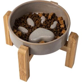 6" Raised Dog Slow Feeder Food Bowl with Wood Stand Neck and Whisker Friendly Elevated Prevent Vomiting Dishwasher and Microwave Safe for Small and Medium Sized Color Teal