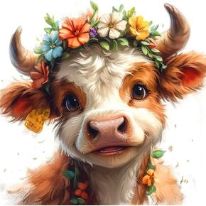 ijbnhd Highland Cow Diamond Art Kits for Adult, Cute Cow Diamond Painting for Adults Full Drill Round Flowers Gem Art Painting for Crafts Home Wall Decor Gift 12x12inch