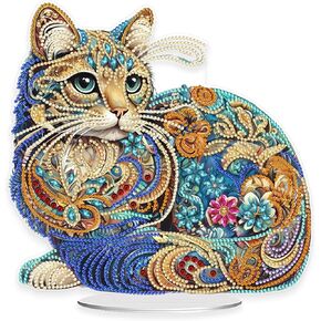 Eiflow Tabletop Diamond Art Painting Kit Cat, 9.4x9.6inch Stand Up Gem Painting Craft Kit for Adults, DIY Acrylic Special Diamonds Painting Desktop Placement Ornament Box Kit