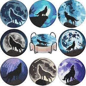 8Pcs Wolves Diamond Art Coasters with Holder - Wolf Diamond Painting Coasters Set of 8, DIY Drink Coasters Art Crafts Supplies for Adults Cup Mat for Home Decor House Warming Gifts Non-Slip 4X4Inch