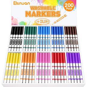 200 Count Washable Markers for Kids, Bulk Markers for Classroom, Fine Line Coloring Markers with Conical Tip, Back to School Supplies, Classroom Must Haves, 10 Assorted Colors