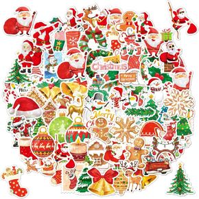 100Pcs Christmas Tree Themed Stickers,Non Repeating Christmas Children's Cartoon Santa Claus, Christmas Tree Themed Stickers, Vinyl Waterproof Holiday Party Stickers(Bright Film(Kids))