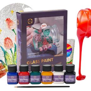 Xin Bowen Glass Paint 6 Colors Stained Glass Paint Kit Acrylic Glass Paints for Glass Painting Permanent Non Toxic Glass Paint for Wine Glasses Light Bulbs Windows Ceramics (6x30ml/1.01 fl.oz)