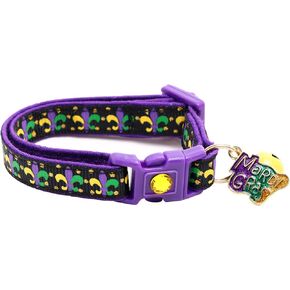 Mardi Gras Cat Jub مع جرس | طوق الانفصال عن السلامة | حجم كبير قابل للتعديل أو طوق هريرة (فلور دي ليز على الأسود ، الصغير (10 رطل وأقل))