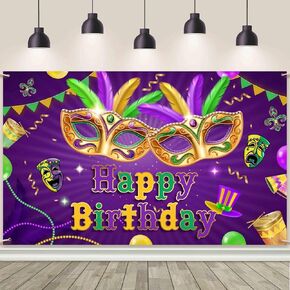 Mardi Gras Birthday Backdrop Mardi Gras Birthday Party Decorations Carnival Masquerade Photography Background Mardi Gras Birthday Party Banner Photo Shoot Props 70.8 x 43.3 inch