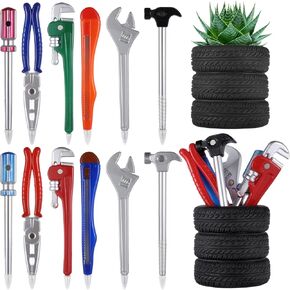 Tire Shaped Pen Holder Novelty Tool Pens Set, 12 PCS Hand Tool Ballpoint Pens with 2 Tire Planter Pen Holders, Hammer Pens Wrench Writing Pen, 0.5mm Black Ink Fun Pens for Adults Kids