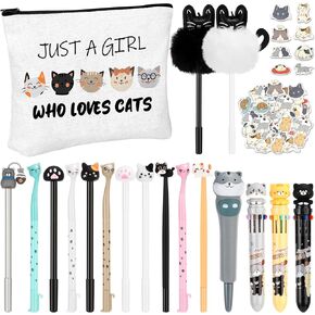 Seajan 63 Pcs Cute Cat Stationery Set Includes 17 Pcs Kawaii Cat Gel Pens 1 Pc Cat Pen Bag Cat Lover Travel Cosmetic Bag 45 Pcs Cat Stickers Cute Cat Themed Gifts