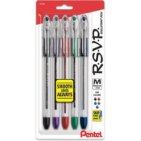 Pentel RSVP Ballpoint Pen, (1.0mm), Medium Line, Black Ink, Pack of 5 (BK91BP5A)