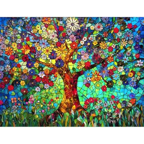 500 Piece Puzzles for Adults Stained Glass Tree of Life Flower Puzzle for Adults Colorful Mosaic Jigsaw Puzzles 500 Pieces with Letters on Back Hard Impossible Difficult Challenging Family Puzzle