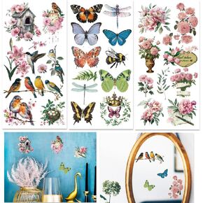 INFUNLY 3 Sheet Flowers Rub on Transfers for Crafts 6x12" Butterflies Furniture Rub on Transfer Stickers Vintage Rub on Floral Transfer Decals Waterproof for Wood Glass Scrapbook DIY Paper Home Decor