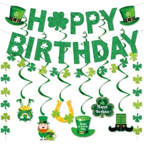 Happy Birthday Banner for St. Patrick’s Day Decorations, Green St Patricks Day Birthday Decorations with Hanging Swirls, Lucky One 1st Birthday Party Decorations, St Patty’s Day Home Birthday Supplies