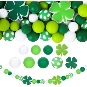 JarThenaAMCS 104Pcs St. Patrick's Day Silicone Beads Shamrock Clover Loose Spacer Beads with Elastic Rope Green White Mixed Round Beads for DIY Crafts Jewelry Necklaces Keychain Making