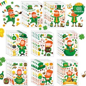 St Patricks Day Stickers for Kids,40 pcs for Kids Crafts,Leprechaun/Gnome Face Shamrock Sticker, Make a Lucky Shamrock Irish Stickers Party Decorations (8 Design)