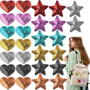20 PCS Sequins Star Heart Shaped Patch Shiny Iron on Applique Embroidered Patches for Clothing, Bags, Jackets, Jeans DIY Earrings Accessory Craft Valentine Christmas Decoration