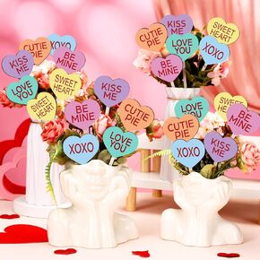 24 Pcs Valentine's Day Decorative Picks Double Sided Wooden Heart Picks with Word Romantic Decor Wood Heart Sticks for Valentines Home Vase Filler Wedding Decorations(Cute)