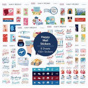 Navy Peony Happy Mail Stickers (8 Sheets, 130+ Small Stickers) - A6 Size, Waterproof, Postcrossing Stickers for Letters, Envelopes, Postcards
