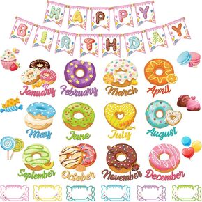 Lincia 61 Pcs Happy Birthday Bulletin Board Set Donuts Theme Birthday Classroom Decorations Classroom Birthday Chart Calendars Bulletin Board Cutouts Candyland Donuts Cards for Classroom Wall Decor