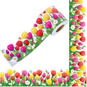 66Ft Spring Flower Bulletin Board Borders Tulips Board Border Stickers Butterfly Daisy Colorful Border Trim Self-Adhesive for Party School Classroom Office Chalkboard Wall Decor
