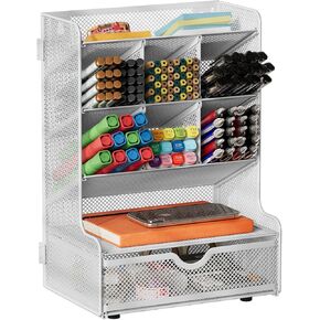 Desktop Pen Organizer With Drawer, Mesh Pen Holder For Desk, Multi-Functional Pencil Holder Easy Assembly, Wall Mount Metal Pen Storage For School, Home, Art Supplies, 9 Compartments, White