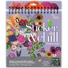 Sticker & Chill Sticker Book for Adults – 800+ Repositionable Colorful Clings Create Designs on 10 Spiral Bound Scene Pages – Easy, Fun & Stress Relieving Relaxation Activity – Flower Fest Series
