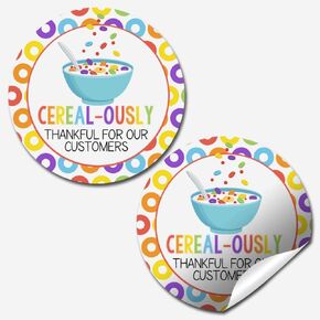 Cute Cereal Themed Thank You Customer Appreciation Sticker Labels for Small Businesses, 60 1.5" Circle Stickers by AmandaCreation, Great for Envelopes, Postcards, Direct Mail, & More!