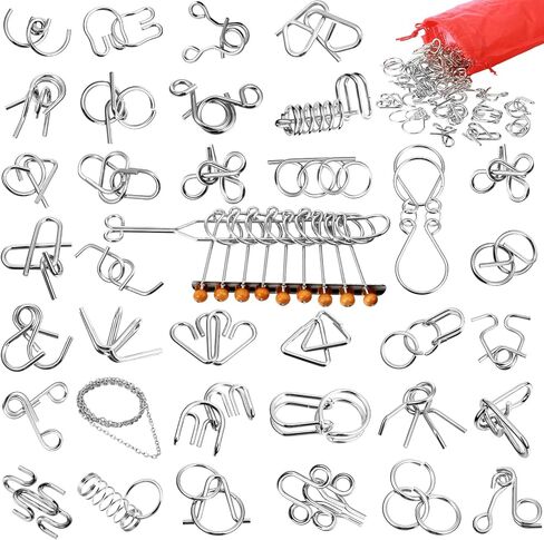 Yilloog Metal Brain Teaser Puzzles Set of 36 with Pouch, Steel IQ Games Physics Mind Metal Puzzles for Adults Basket Stocking Stuffers for Boys Girls Adults Challenge Gifts (Easy) in Saudi Arabia