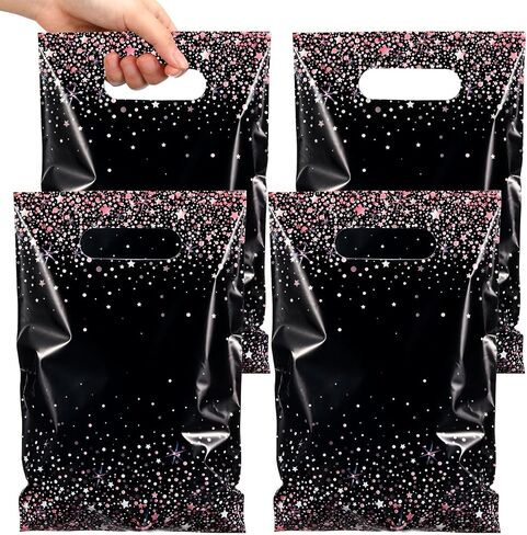 Pasimy 50 PCS الحفل الأسود والذهبي لصالح الأكياس الهدايا يموت قطع البلاستيك معالجة البضائع الجيدة مع مقبض لحفل أعياد حفل زفاف الزفاف دش عيد الميلاد in Kuwait