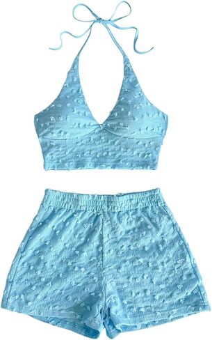 WDIRARA Women's Boho Cutout Knit V-Neck Halter Top and Elastic Waist Shorts 2 Piece Bikini Set in Saudi Arabia