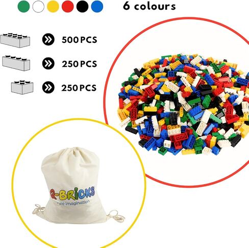 1000-Piece Building Set with Classic Building Blocks - Building Blocks 1x4, 2x2, and 2x4-6 Colors - 100% Compatible with Major Brands - Made in The EU in Saudi Arabia