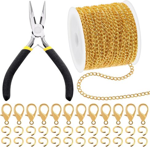 Mardatt 102pcs Make Jewelry Kit ، 10 ياردة سلاسل قلادة مع حلقات قفزة مفتوحة 50pcs ، 50pcs clasps جراد البحر ، كماشة الأنف سلسلة لصنع المجوهرات سوار قلادة DIY (الذهب) in Kuwait