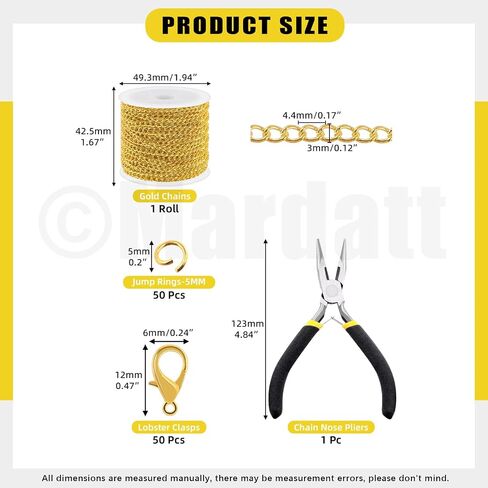 Mardatt 102pcs Make Jewelry Kit ، 10 ياردة سلاسل قلادة مع حلقات قفزة مفتوحة 50pcs ، 50pcs clasps جراد البحر ، كماشة الأنف سلسلة لصنع المجوهرات سوار قلادة DIY (الذهب) in Kuwait