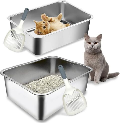 BNOSDM Stainless Steel Litter Box 2 Pcs Cat Litter Pan for Kitten, Pet Metal Toilet Boxes with Non-Slip Foot Mats and Litter Scoop, Easy to Clean (18x14x4) in Saudi Arabia