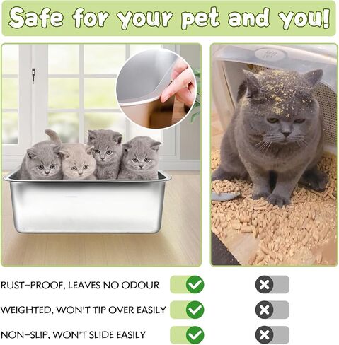 BNOSDM Stainless Steel Litter Box 2 Pcs Cat Litter Pan for Kitten, Pet Metal Toilet Boxes with Non-Slip Foot Mats and Litter Scoop, Easy to Clean (18x14x4) in Saudi Arabia