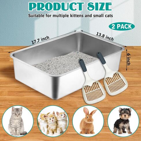 BNOSDM Stainless Steel Litter Box 2 Pcs Cat Litter Pan for Kitten, Pet Metal Toilet Boxes with Non-Slip Foot Mats and Litter Scoop, Easy to Clean (18x14x4) in Saudi Arabia