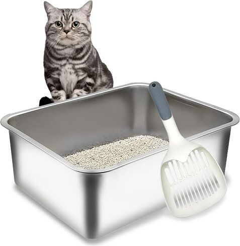 BNOSDM Stainless Steel Litter Box 2 Pcs Cat Litter Pan for Kitten, Pet Metal Toilet Boxes with Non-Slip Foot Mats and Litter Scoop, Easy to Clean (18x14x4) in Saudi Arabia