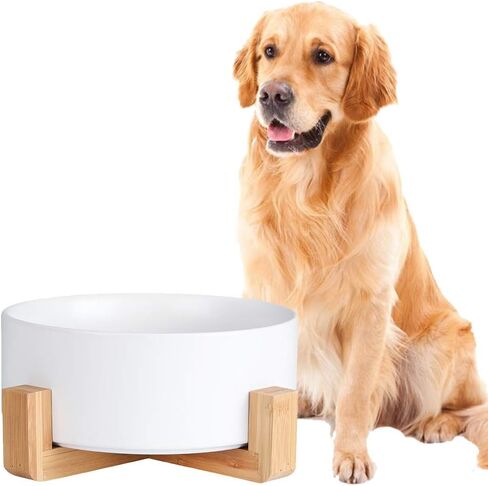 Ceramic Dog Bowl - Cat Dog Bowls with Non Slip Wood Stand - No Spill Pet Dish for Food Water Feeding Extra High Capacity (8 Cup-Suitable for Large Sized Dog) in Saudi Arabia