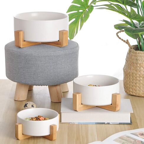 Ceramic Dog Bowl - Cat Dog Bowls with Non Slip Wood Stand - No Spill Pet Dish for Food Water Feeding Extra High Capacity (8 Cup-Suitable for Large Sized Dog) in Saudi Arabia