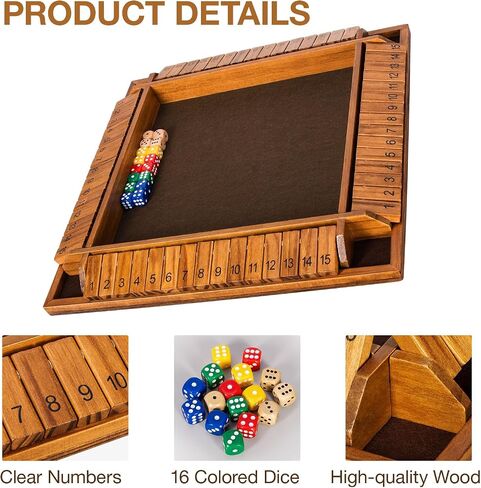 Upgraded 16.54’’ Shut The Box Dice Game with 15 Numbers for 1-4 Players, Large Wooden Board Math Game 16 Dices, Tabletop Games Kids Adults Family Party Birthday in Saudi Arabia