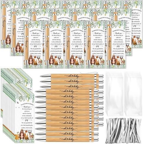 Zhanmai 36 Sets Woodland Animals Baby Shower Favors Include Bamboo Pens and Baby Shower Thank You Cards Cable Ties Woodland Decoration Gender Reveal for Guest Game Prizes Party Favors in Saudi Arabia