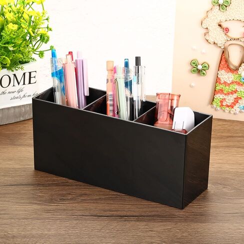 PATIKIL 3 Compartments Clear Acrylic Pen Holder, Pencil Holder Pen Organizer Pencil Cup Makeup Brush Holder Square for Countertop Desk, Black in Kuwait