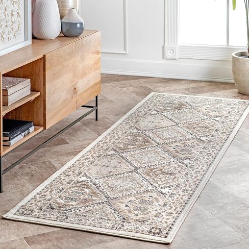 nuLOOM 2x6 Becca Traditional Tiled Area Rug, Taupe, Faded Transitional Design, Stain Resistant, For Bedroom, Dining Room, Living Room, Hallway, Office, Kitchen, Entryway in Saudi Arabia