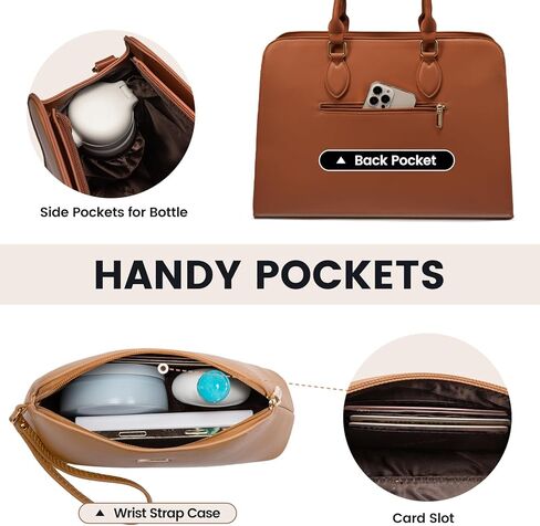 LoveVook Laptop حقيبة حمل للنساء ، 15.6 بوصة محفظة حقيبة العمل على الكمبيوتر ، حقيبة جلدية كبيرة مقاومة للماء للمكتب ، بني بني فاتح بني in Kuwait