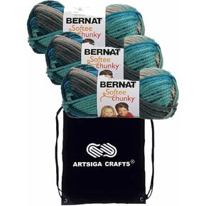 Bernat Softee Chunky Ombre Shadow 161129-29121 (6 مجموعات-نفس الصبغة) غزل أكريليك ضخمة #5 للكروشيه والحياكة مع حقيبة المشروع