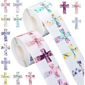 Whaline 1000 Pcs Easter Crossing Stickers Roll Floral Cross Bible Verse Self-Adhesive Sticker Decals for Scrapbook Journal Decor Spring Christian Holiday, 16 Designs