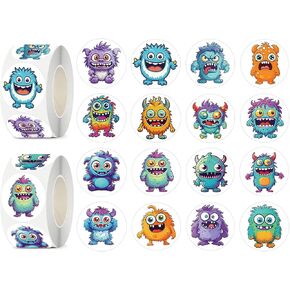 600 Pcs Monster Stickers for Kids- 1.5 Inch Round Stickers Roll 16 Tyles Cute Monster Kindergarten Stickers Teacher Stickers for Kids Birthday Party School Reward Giveaways