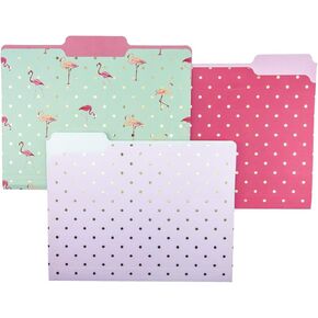 Graphique Flamingo Pink File Folder Set – File Set Includes 9 Folders and 3 Unique Flamingo and Polka Dot Designs, Embellished w/ Gold Foil on Durable Triple-Scored Coated Cardstock, 11.75" x 9.5"