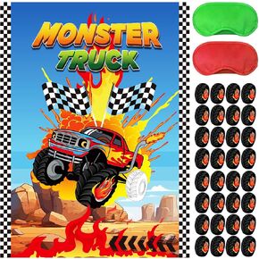 GLURUITE Monster Truck Party Decorations, Pin The Tyre on Truck, Monster Theme Party Games, Large Poster with 32PCS Tyre Stickers for Monster Truck Party Supplies